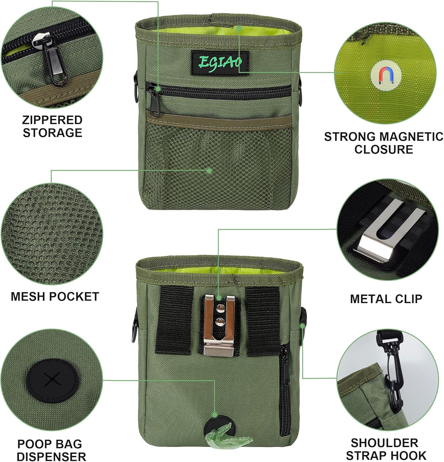 Dog Treat Pouch with Collapsible Dog Bowl, Training Clicker and Poop Bags, Treat Pouches for Pet Training, Magnetic Closure, Built-in Poop Bag Dispenser, Waist Belt Clip, Puppy Treat Bag - Green
