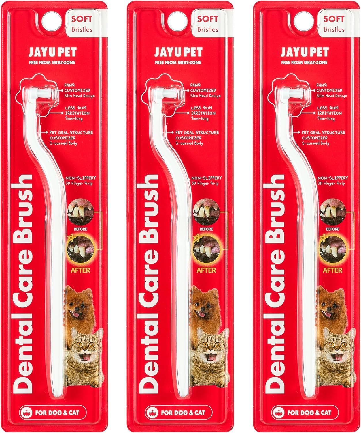 JAYU PET Dental Care Brush (Soft Bristles) 3ea - Dog Toothbrush, Cat Toothbrush, Dental Care for Kitten and Small Dogs, Removing Old Plaque and Tartar, Cat Teeth Brushing & Easy Cleaning