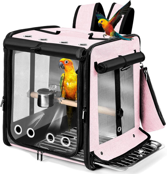 Suertree Bird Carrier with Seat Belt for Car Travel, Bird Backpack Carrier with Indestructible Stainless Steel Mesh, Large Bird Carrier Travel Cage, Pink