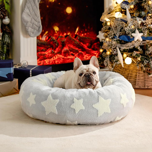 LE SURE Donut Medium Dog Bed - Round Cat Beds for Indoor Cats Calming Pet Beds, Cute Modern Beds with Jacquard Shaggy Plush & Anti Slip Bottom, 30 Inch, Galaxy Grey