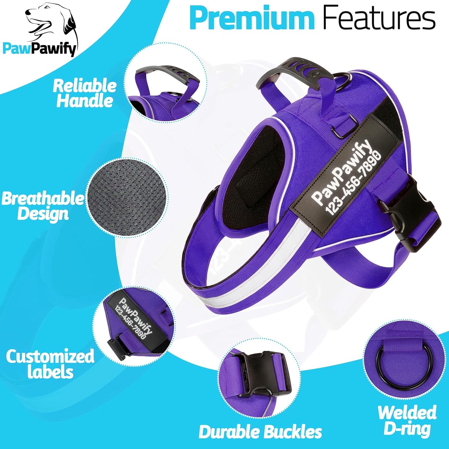 PawPawify Custom No Pull Dog Harness with Name and Phone Number, Heavy Duty Personalized Pet Vest to Prevent Tugging, Pulling, or Choking, Training and Walking (New Purple, M (20-40 LBS))