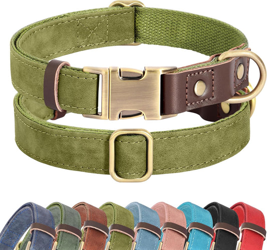Didog Soft PU Leather Dog Collars for Medium Dogs,Classic Adjustable Dog Collars with Quick Release Metal Buckle,Easy Clean and Comfortable with Nylon Lining,Olive Green,M Neck 13-19"