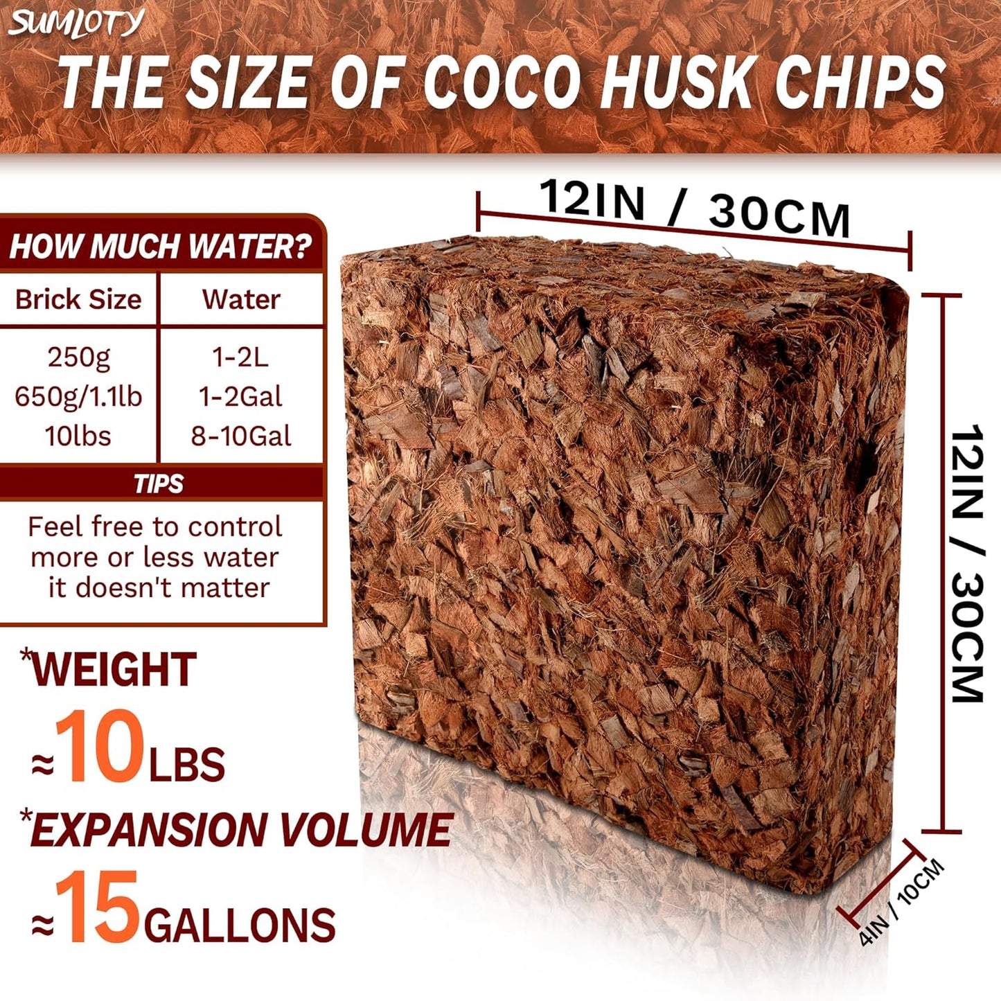 Coco Chips for Plant - 10LB Organic Coconut Husk Chips with Low EC & PH Balanced, High Expansion Coconut Substrate Coco Husk Mulch for Garden, Flowers and Reptile
