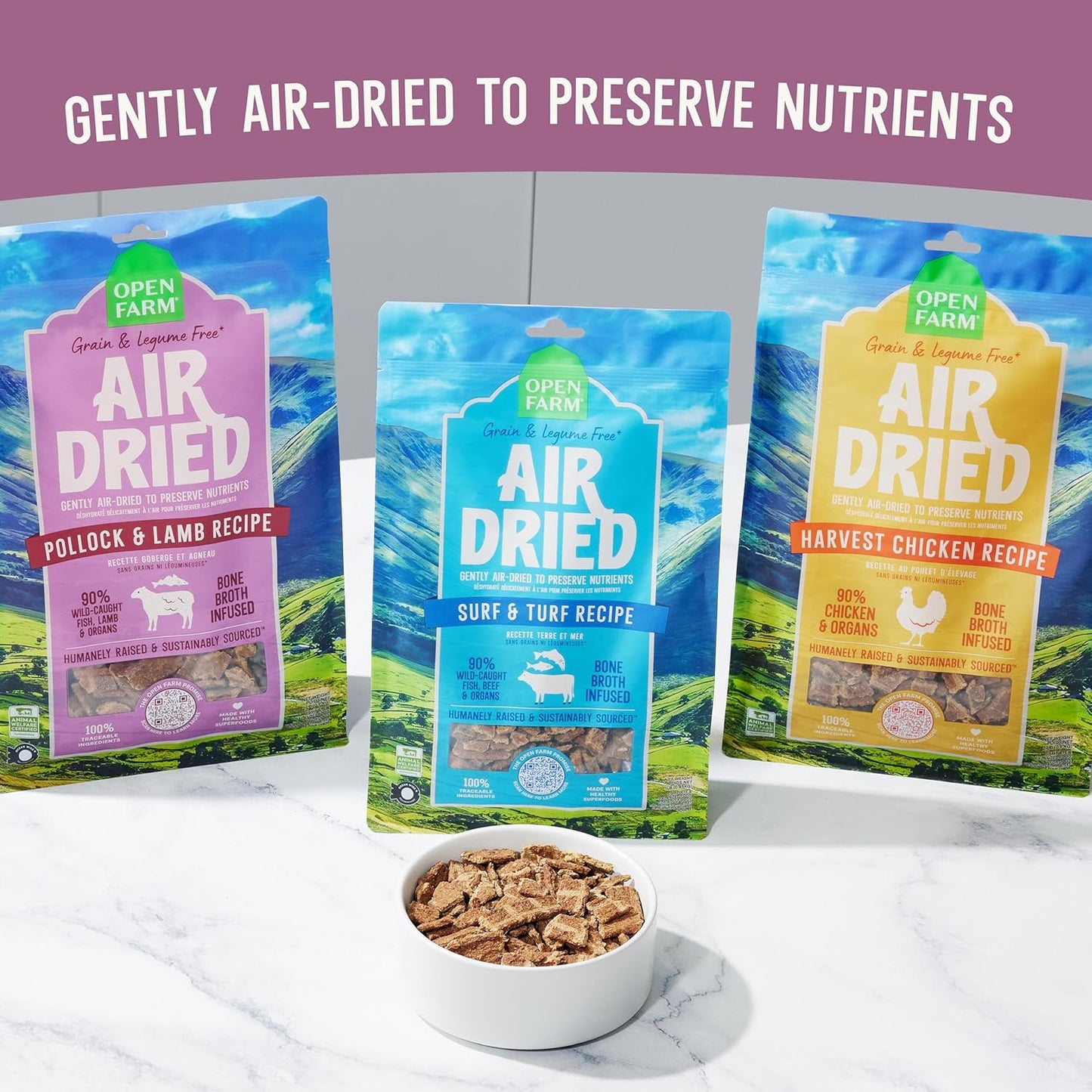 Open Farm, Air Dried Dog Food Infused with Bone Broth, Grain & Legume Free, Complete Meal or Food Topper, Pollock & Lamb Recipe, 2lb Bag