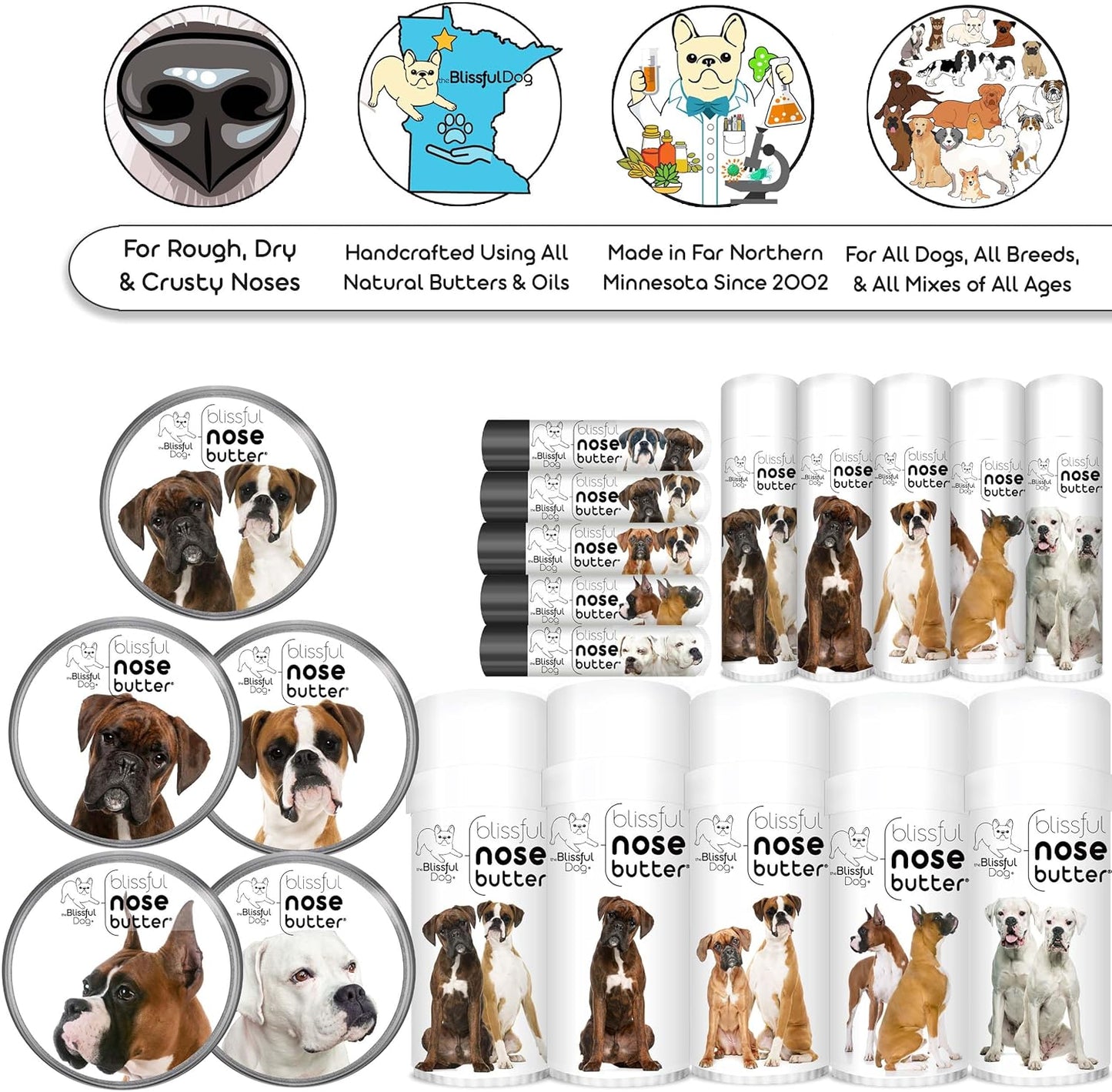 The Blissful Dog Boxer Duo Nose Butter for Dry, Cracked Skin, Lick-Safe Dog Nose Balm with Moisturizing Shea Butter, Almond, Olive, and Essential Oils, Pet Supplies, Uncented, 0.50 oz.