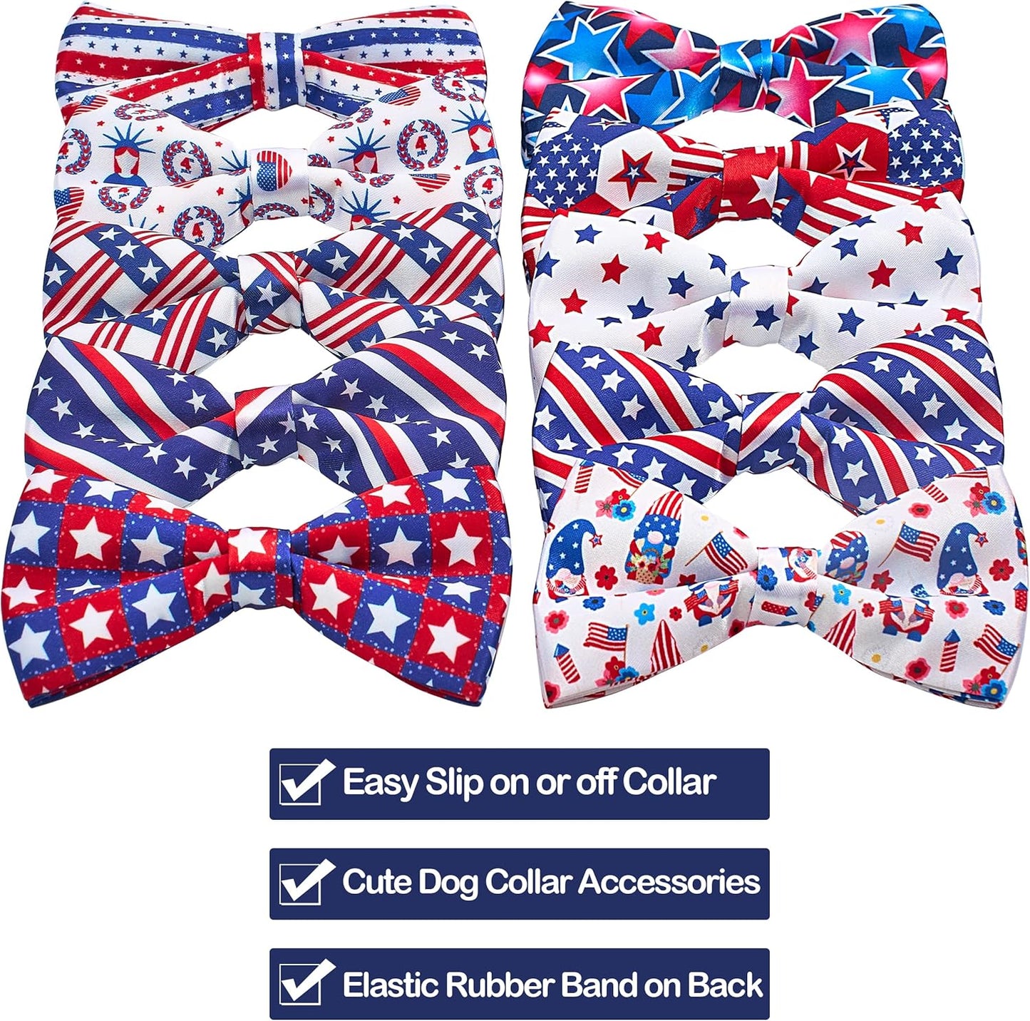 PET SHOW 10 Pack 4th of July Dog Bow Ties Sliding Collar Attachments Puppies Cats Patriotic Bowties for Medium Large Dogs US Flag Bowknots Pet Grooming Accessories for Independence Day