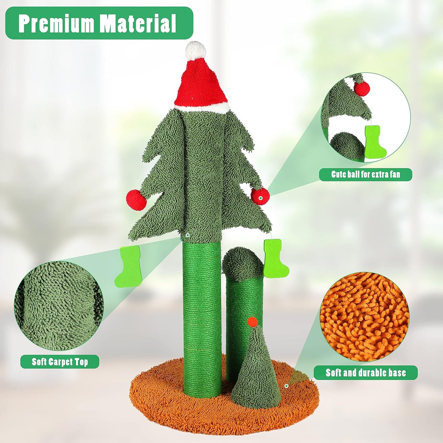 32” Cat Scratching Post, Tall Christmas Tree Cat Scratcher with 3 Posts and Cute Dangling Teaser Balls, Natural Sisal Rope Cat Toys for Kitty and Adult Cats
