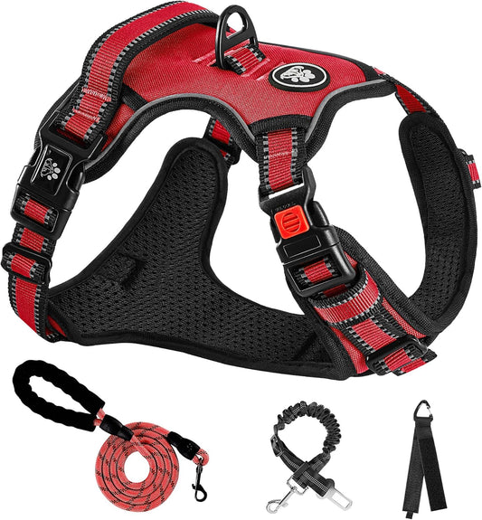NESTROAD No Pull Dog Harness,Adjustable Oxford Dog Vest Harness with Leash,Reflective No-Choke Pet Harness with Easy Control Soft Handle for Large Dogs(Large,Red)