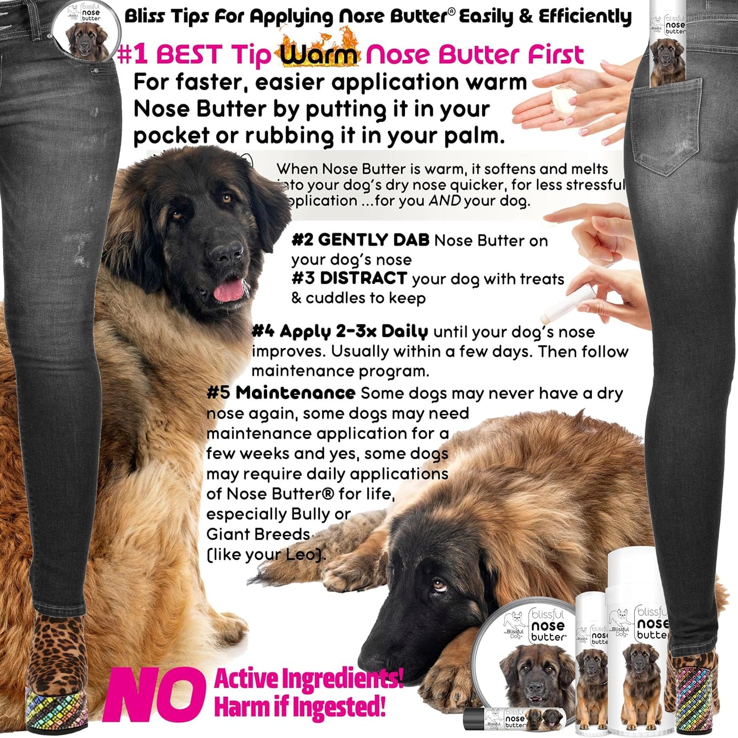 The Blissful Dog Leonberger Nose Butter for Dry, Cracked Skin, Lick-Safe Dog Nose Balm with Moisturizing Shea Butter, Almond, Olive, and Essential Oils, Pet Supplies, Uncented, 0.15 oz.