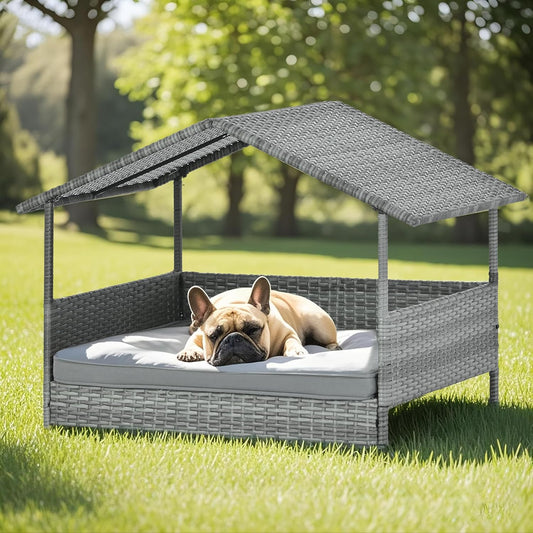 Wicker Dog House Outdoor Indoor with Canopy, Elevated Dog Shelter & Dog Bed with Light Gray Cushion, Water-Resistant Raised Pet House for Small Medium Dogs, Rattan Dog Cot for Deck, Patio, Yard, Pool
