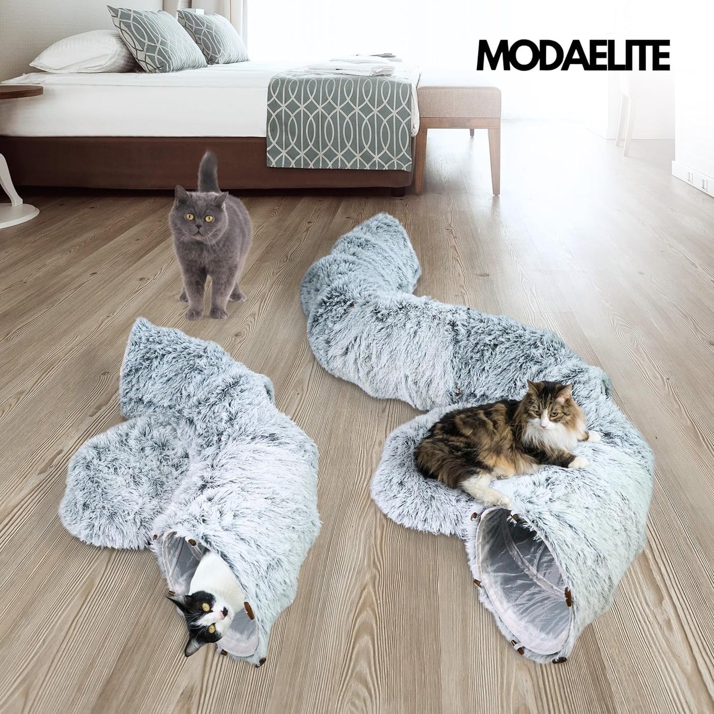 Cat Donut Bed with Washable Cushion – Cat Caves for Indoor Cats – Collapsible Donut Bed with Peekaboo Pet Tunnel & Tunnel Toy – Cozy Hideout for Kittens, Ferrets, Rabbits & Dogs – Grey