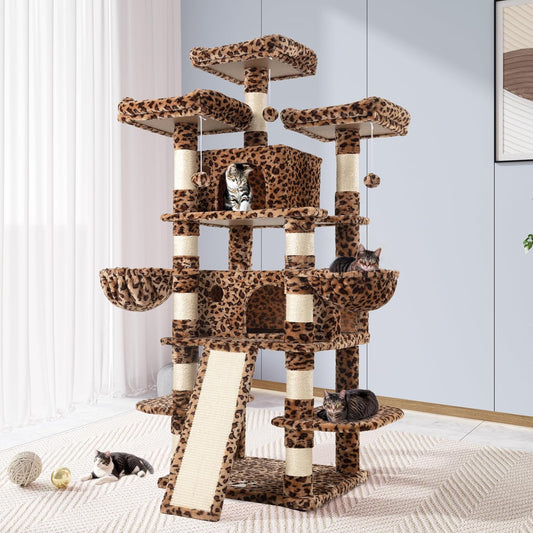 Allewie 68 Inches Cat Tree/House and Towers for Big Feline/Scratching Post/Multi-Level Large Kitty Climbing Tree with Condo/Leopard Print