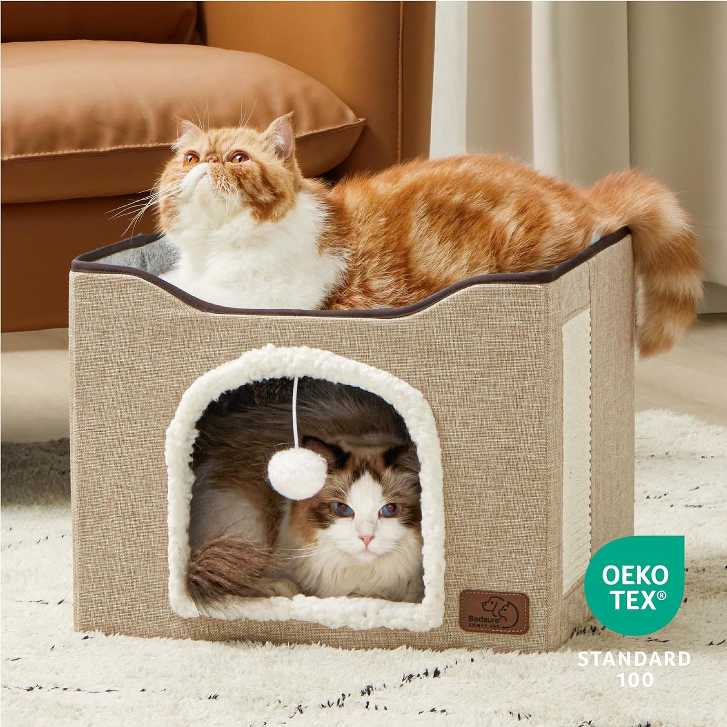 Bedsure Cat Beds for Indoor Cats - Large Cat Cave for Pet Cat House with Fluffy Ball Hanging and Scratch Pad, Foldable Cat Hideaway, 16.5x16.5x13 inches, Brown
