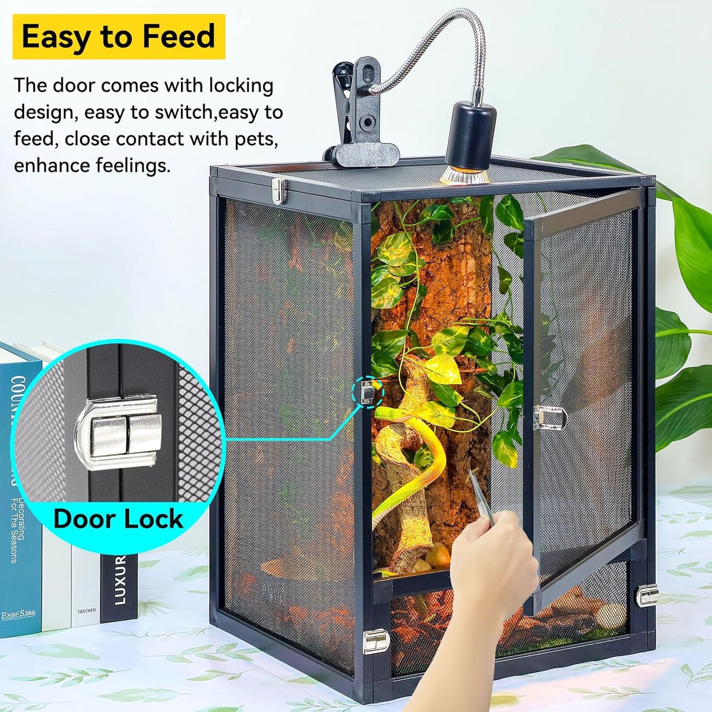 13 Gallon 360° Panoramic Foldable Reptile Terrarium Kit: Crested Gecko Tank and Reptile Cage for Superior Ventilation, Easy Feeding, Sturdiness, and Simple Assembly (Black, 18"x13"x13")
