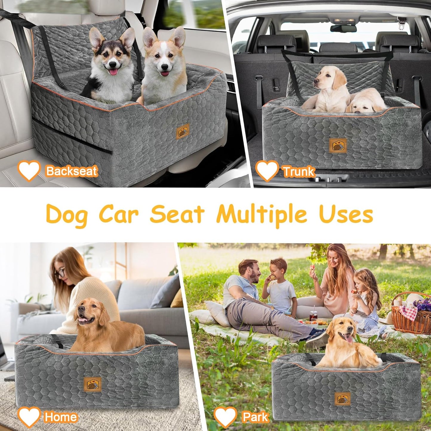 Dog Car Seat for Medium/Large Dog Booster Seat Under 60 lbs or 2 Small Dogs, Multi-Functional Pet Car Seat with Thick Cushion, 2 Safety Leashes (Gray)