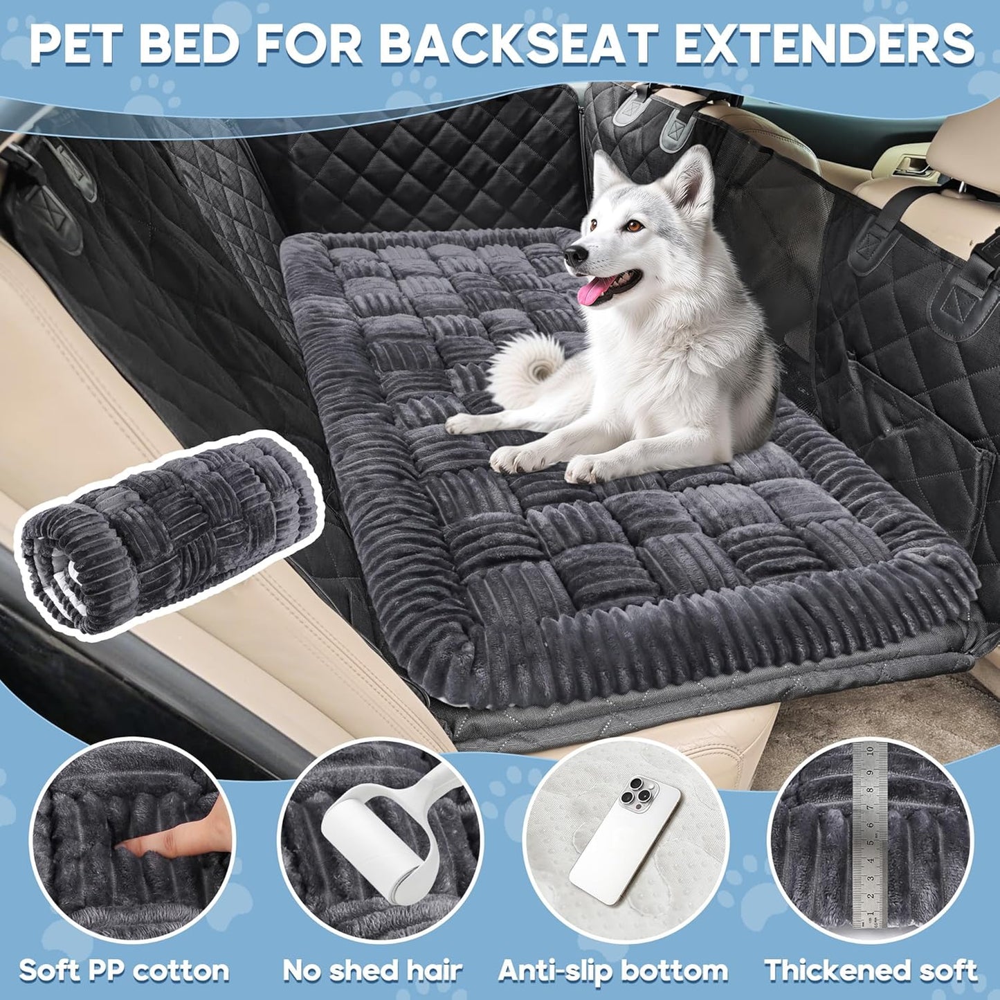 Dog Car Bed Mat, Non-Slip Backseat Extender Pet Blanket, Plaid Dog Bed for SUVs, Sedans & Trucks, Chew-Resistant Travel Pad for Dogs, Easy Clean & Scratch-Proof & Comfort (50"×24.6") Gray