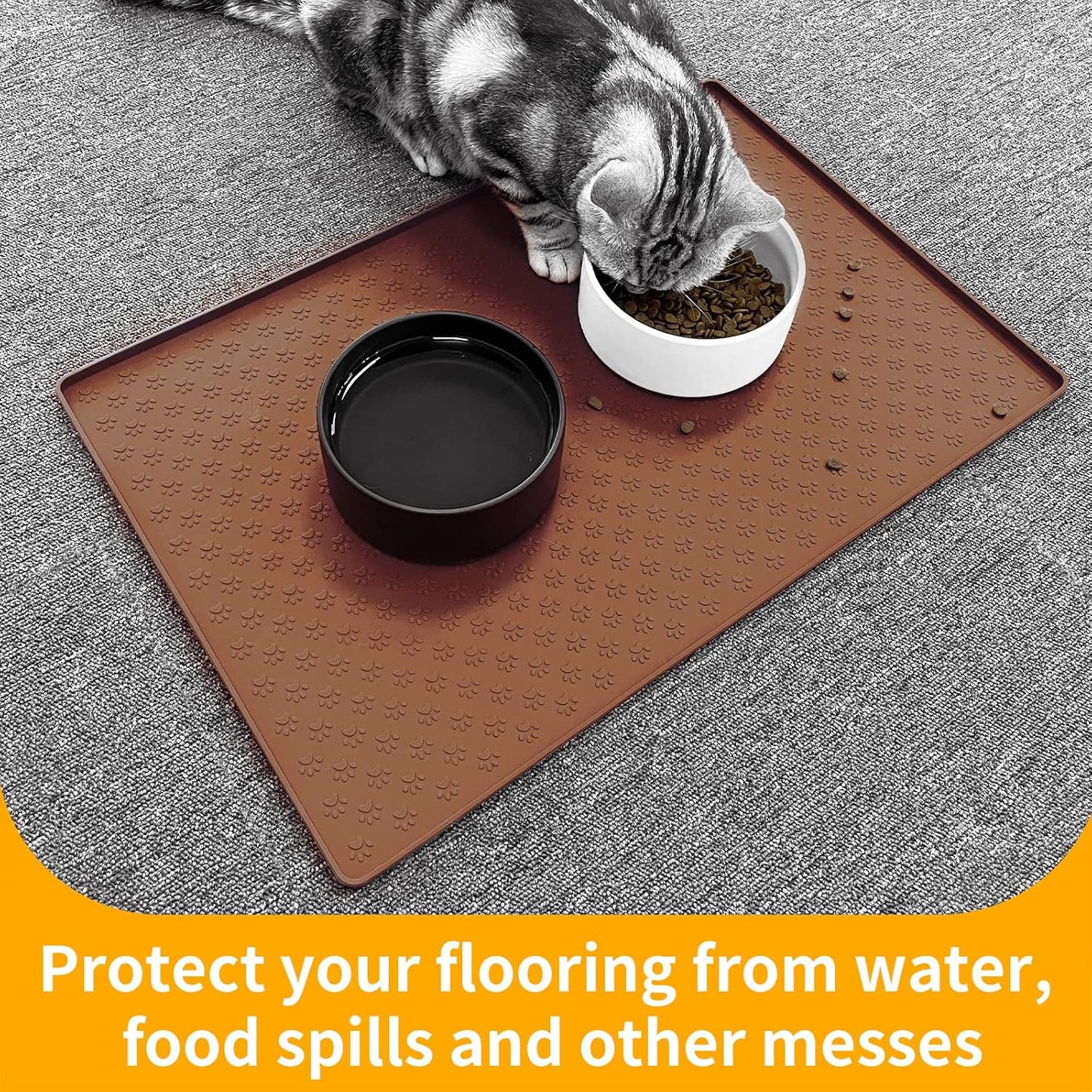 Ptlom Pet Placemat for Dog and Cat, Waterproof Silicone Pet Feeding Bowl Mats for Food and Water, Small Medium Large Dogs Mat Prevent Residues from Spilling to Floor, Brown, 18" 12"