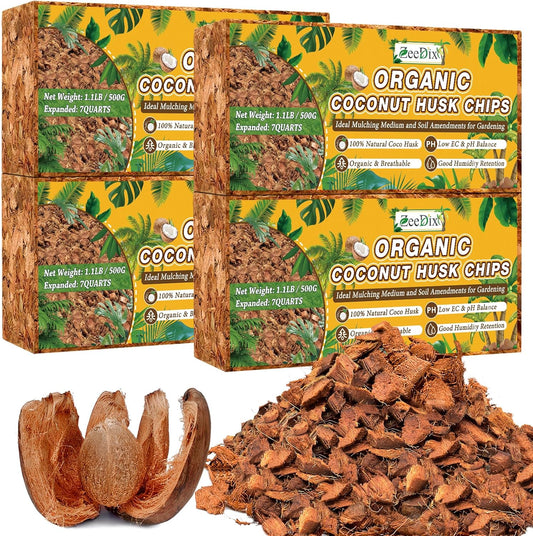 Zeedix 4 Pack Coco Husk Chips for Plants(4.4LB), 100% Organic Coconut Chips Mulch with Low EC & PH Balance, All Purpose for Indoor Plant Flowers Herbs Vegetables, Reptiles Terrarium Tanks Substrate