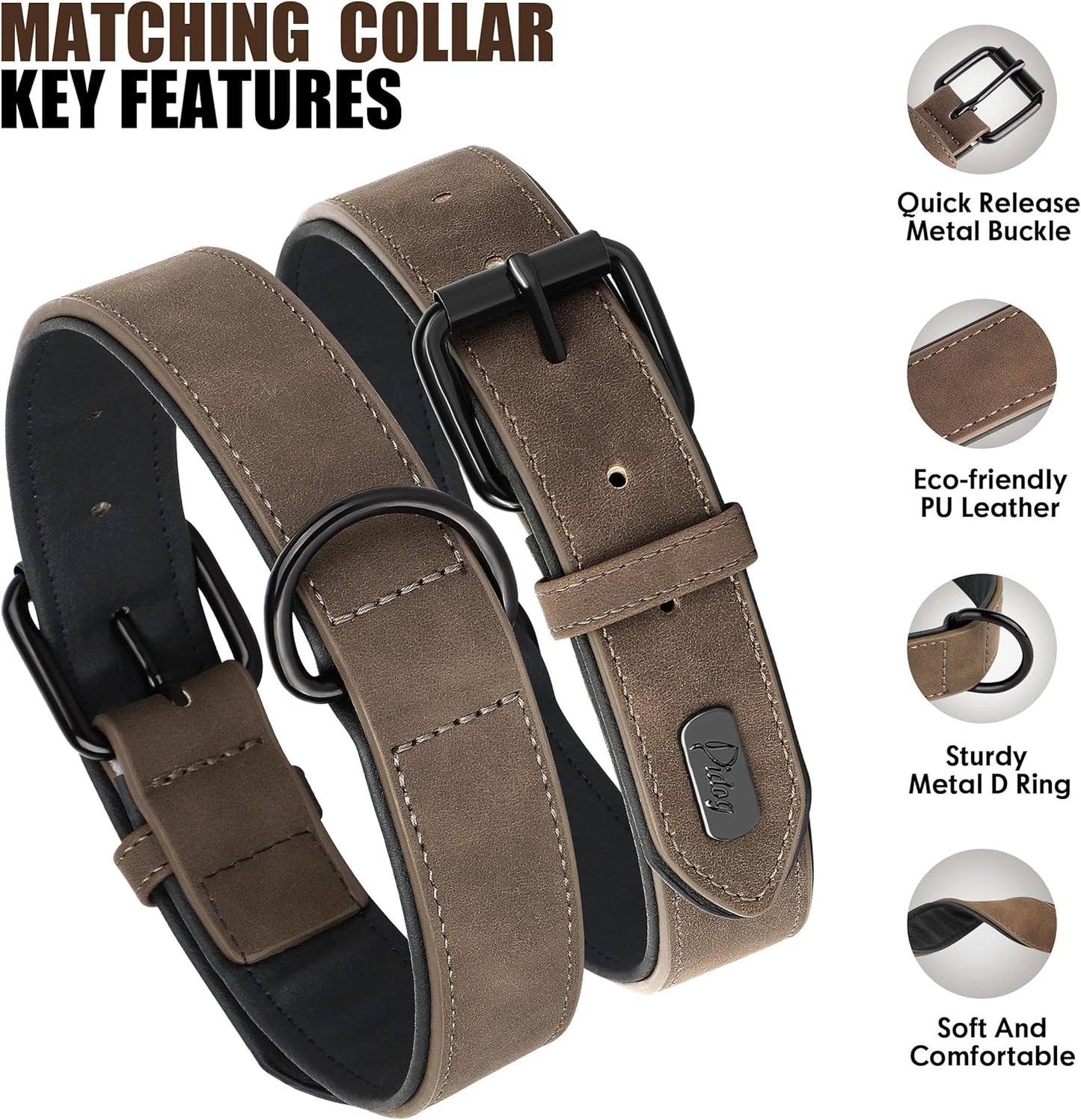 Didog Soft Padded Leather Dog Collar and Leash Set, Adjustable Dog Leash and Collar Set with Metal Buckle, Breathable Dog Collars with 4FT Leather Dog Leash for Small Medium Large Dogs, Brown, L