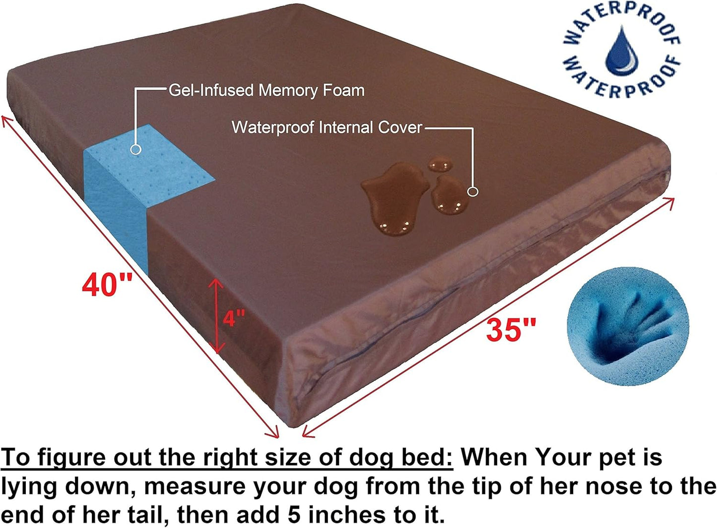 Dogbed4less Luxury Extra Large Orthopedic Memory Foam Dog Bed for Large Dogs with Durable Waterproof Internal Case, Removable Washable Denim Cover and Extra Bonus Pet Bed Cover, XL 40X35X4, Brown