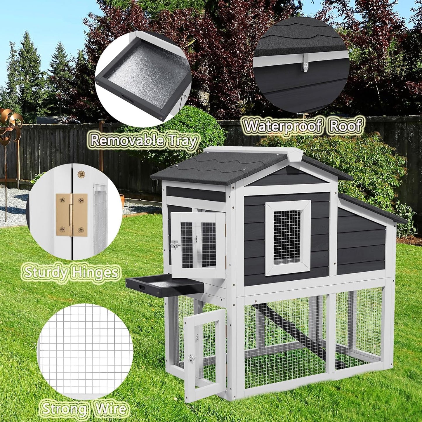 2 Story Rabbit Cage, Weatherproof Rabbit Hutch Indoor & Outdoor, Wooden Guinea Pig Cages with Removable Tray Openable Roof for Small to Medium Animals