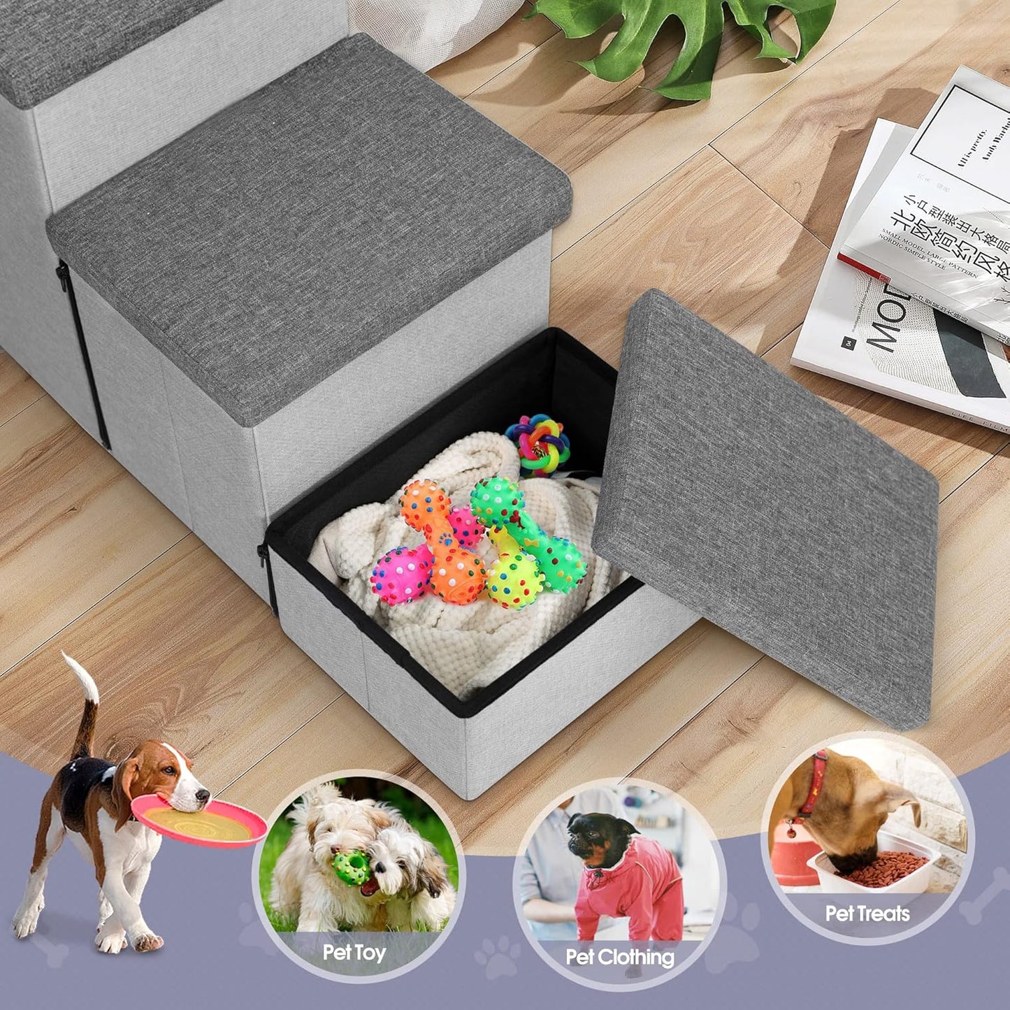 Heeyoo Dog Stairs with Storage, Foldable Dog Steps for Small Dogs, 3 Tiers Non-Slip Pet Stairs for High Beds Or Couch and Sofa, Hold up to 200 lbs Pet Cat