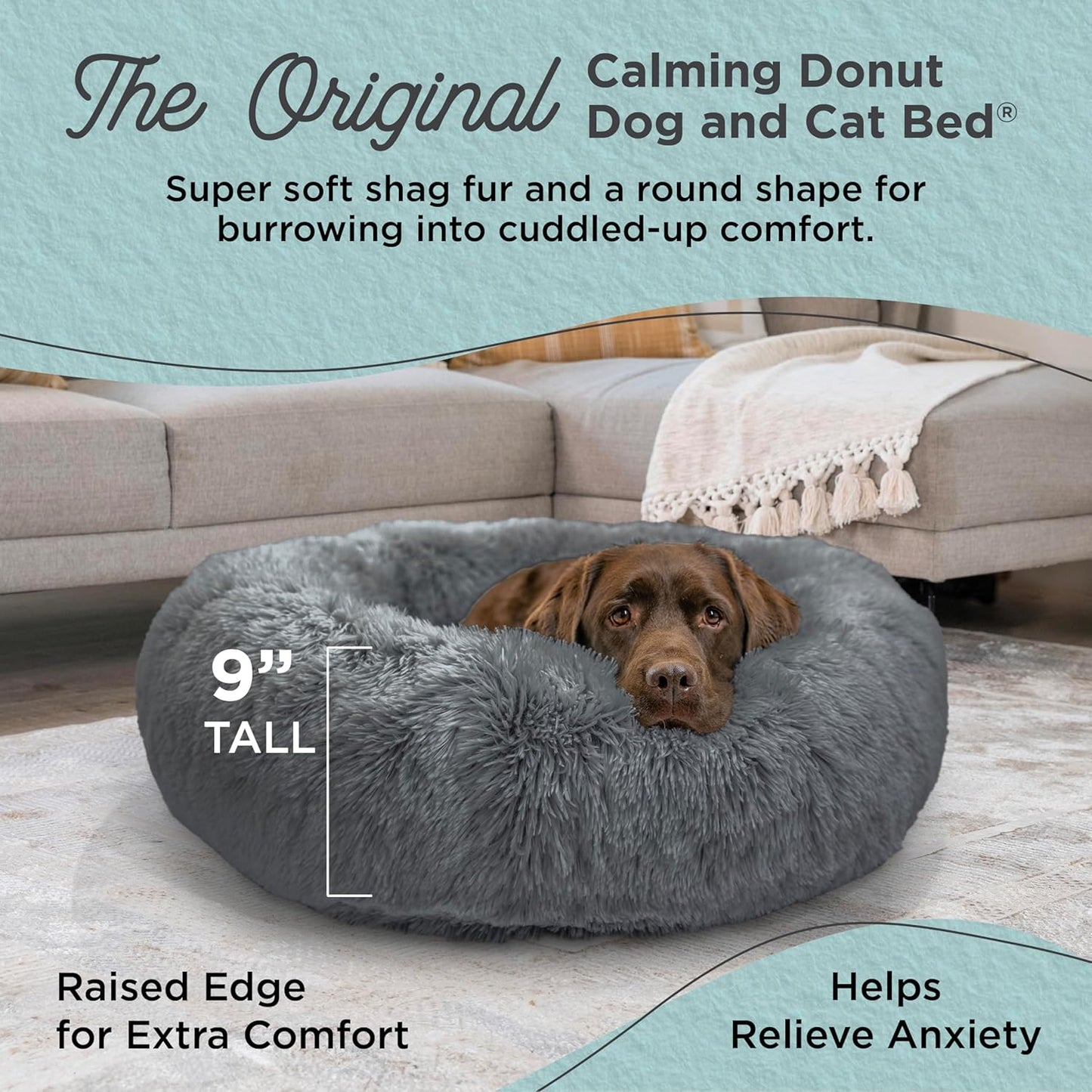 Best Friends by Sheri Original Calming Donut Dog and Cat Bed, Shag Faux Fur, Gray, (36in x 36in) - Anxiety Relief for Pets Up to 100 lbs