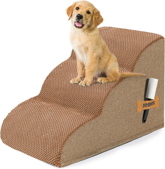 Romrol Dog Stairs Ramp for High Beds Couches, High Density Foam Pet Steps with Durable Non-Slip Waterproof Fabric Cover, Dog Stairs for Small Dogs or Cats or Pets, 3-Step,15 Inch,Light Brown