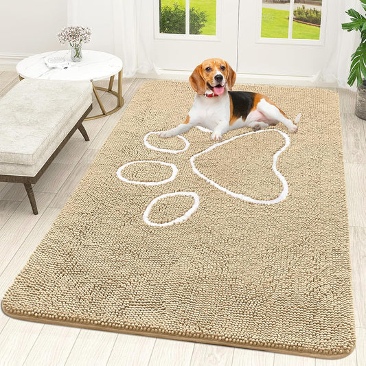 OLANLY Door Mat for Muddy Dog Paws 70x46, Ultra Absorbent Chenille Mud Doormat with Paw Print Design, Non-Slip Washable Doormat for Indoor Entryway, Quick-Dry Pet Bed Mats for Dirty Dogs, Beige