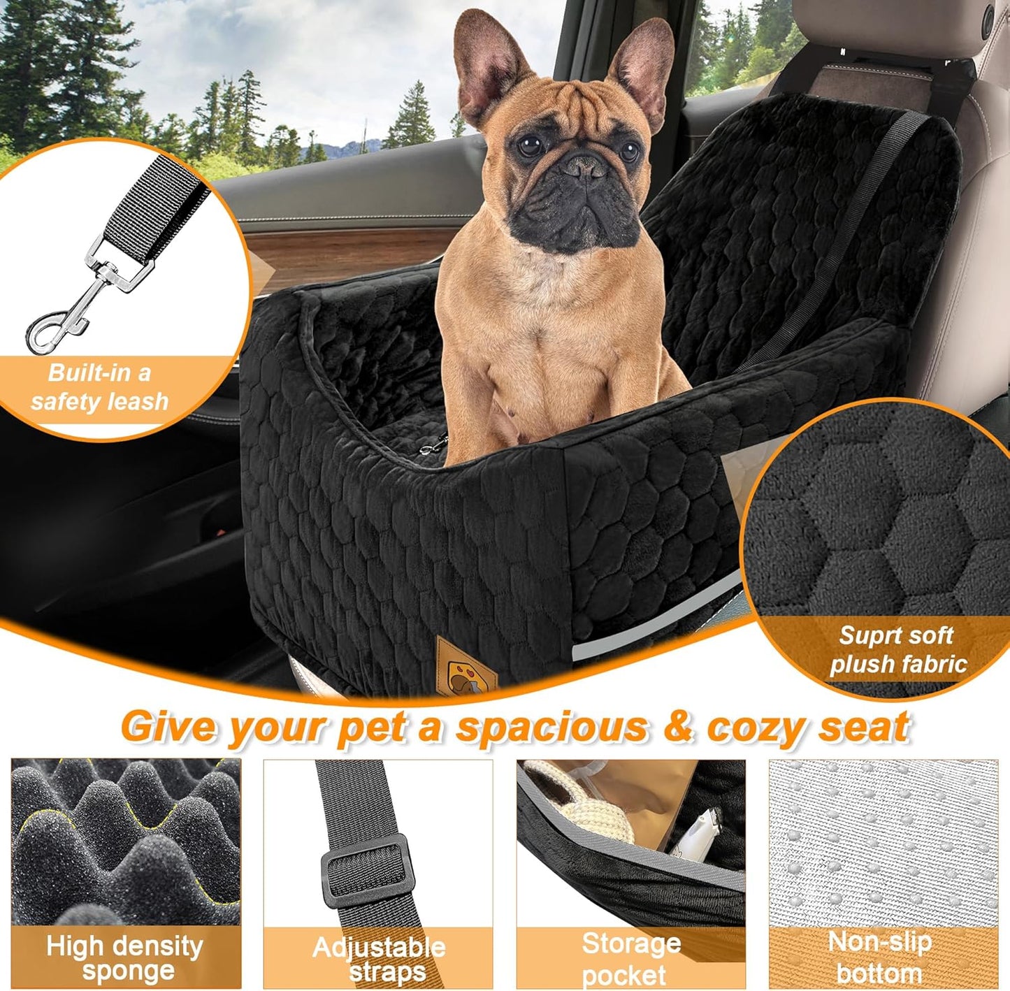 Dog Car Seat for Small/Medium Dogs, Memory Foam Dog Booster Seat, Travel Safety with Washable Removable Cover, Storage Pockets for Dogs up to 35 lbs(Black)