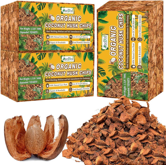 Zeedix 6 Pack Coco Husk Chips for Plants(6.6LB), 100% Organic Coconut Chips Mulch with Low EC & PH Balance, All Purpose for Indoor Plant Flowers Herbs Vegetables, Reptiles Terrarium Tanks Substrate