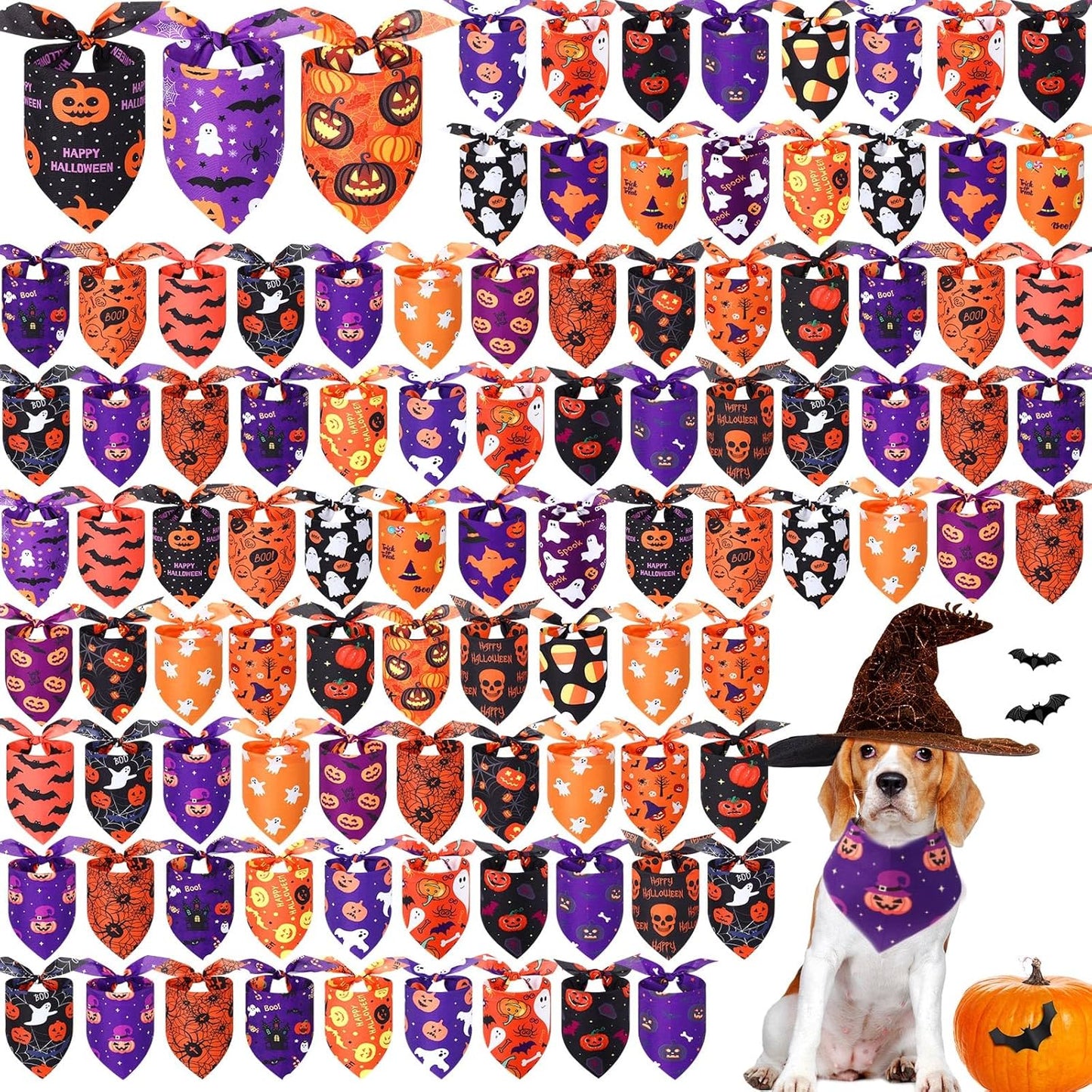 Abbylike 100 Pcs Halloween Dog Bandanas Bulk Pumpkin Bandanas for Dogs Triangle Kerchief Bibs Scarf Set for Pet Halloween Costume Photo Props Accessories Pet Shops, 25 Styles (31.5 x 21.7 x 21.7)