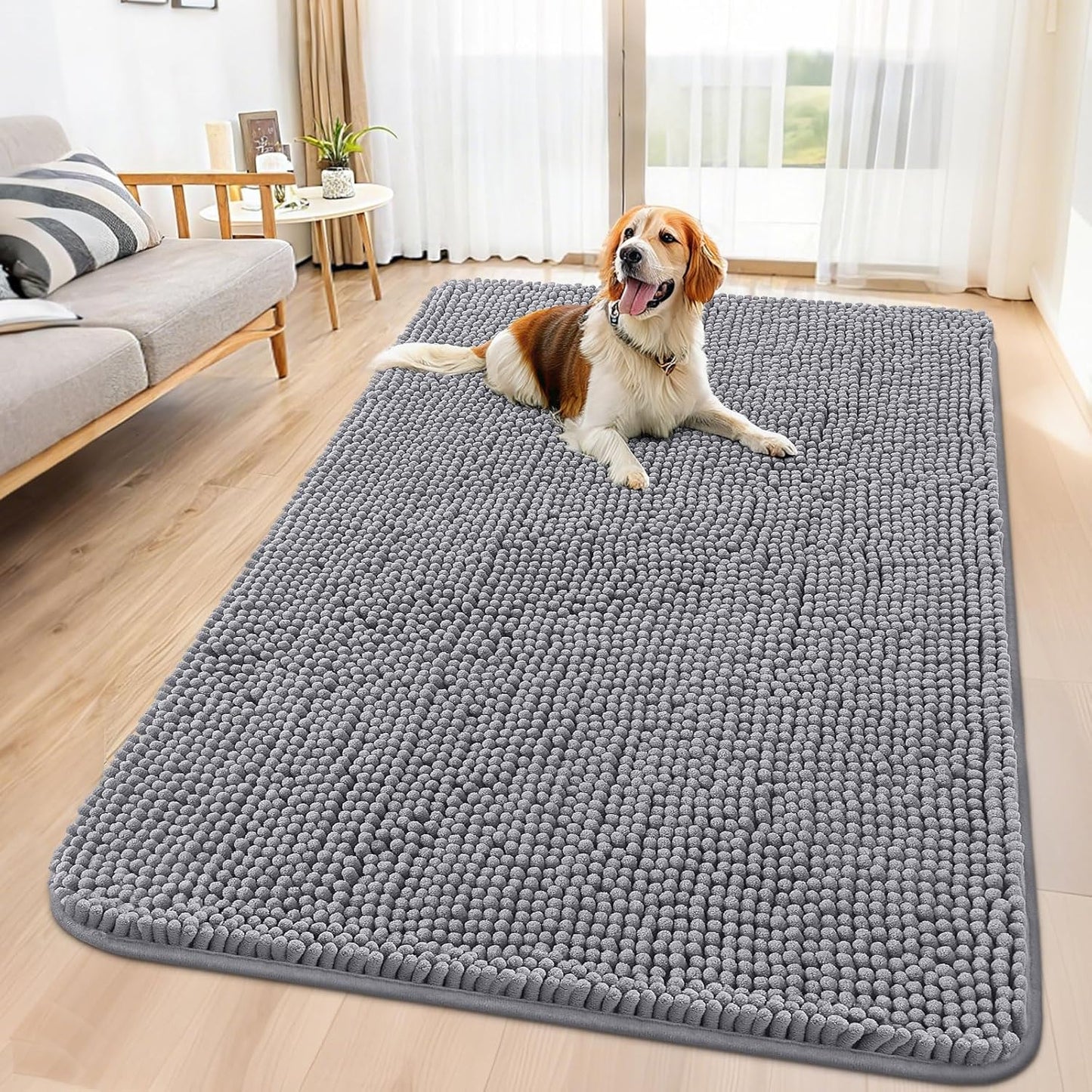 Smiry Dog Door Mat for Muddy Paws 59x32, Absorbs Moisture and Dirt Doormat, Non-Slip Washable Quick Dry Chenille Front Door Mat Indoor Entrance, Entryway Carpet for Inside Floor, Grey