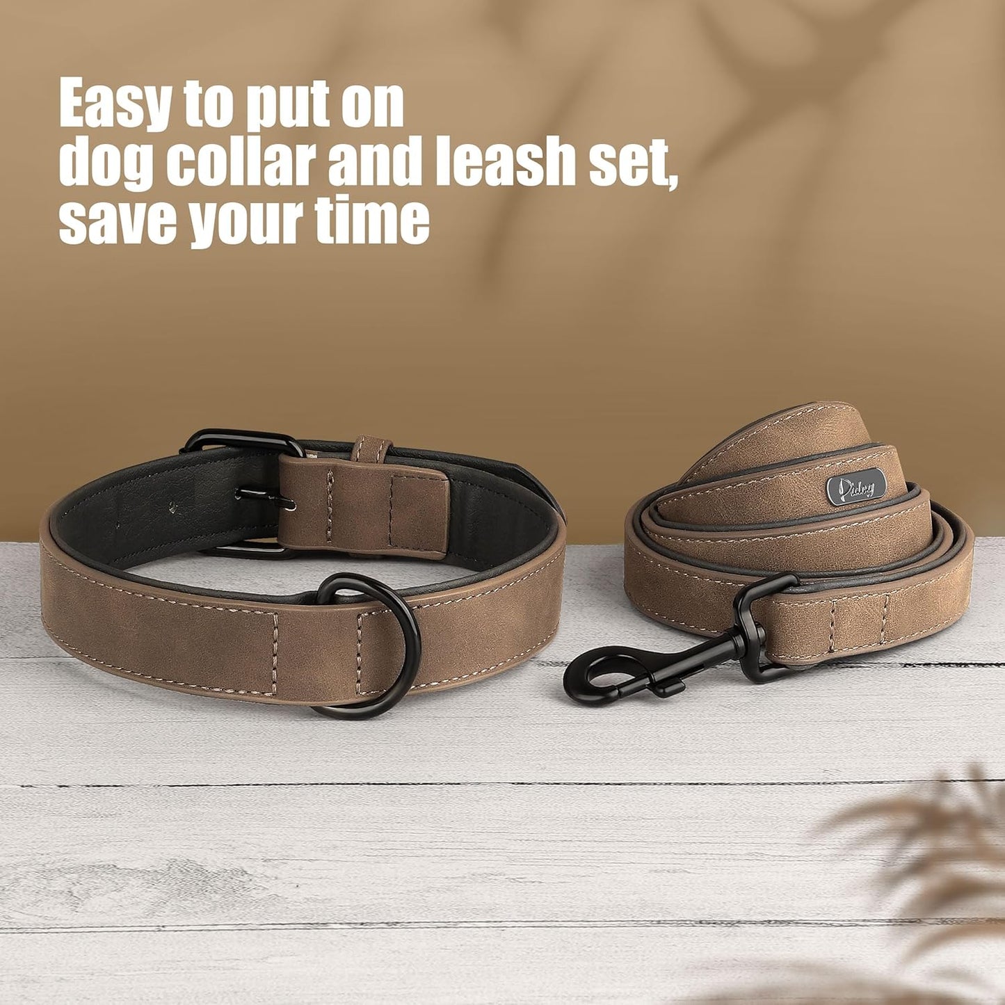 Didog Soft Padded Leather Dog Collar and Leash Set, Adjustable Dog Leash and Collar Set with Metal Buckle, Breathable Dog Collars with 4FT Leather Dog Leash for Small Medium Large Dogs, Brown, L