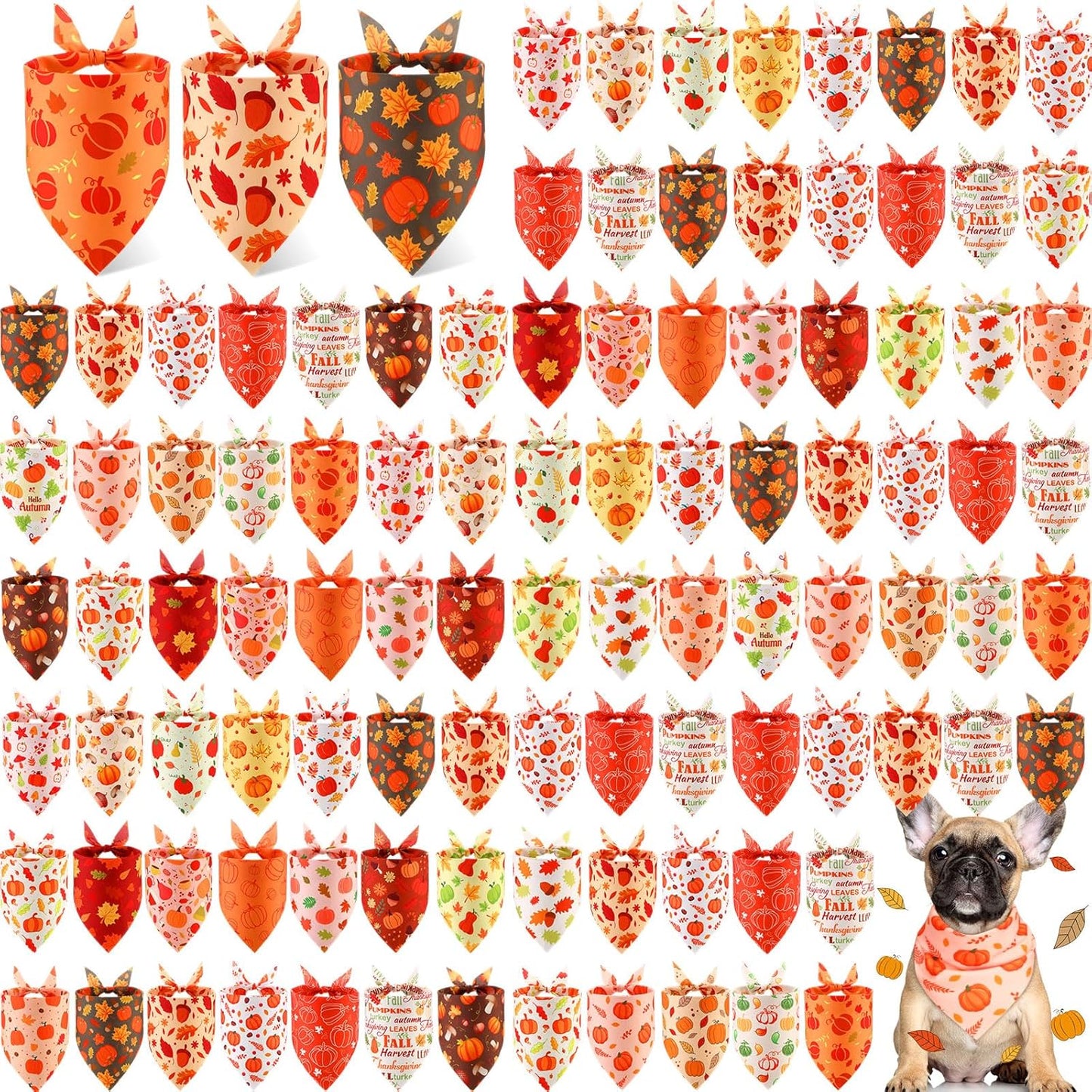 Chunful 100 Pieces Fall Dog Bandanas Bulk Autumn Pet Bandanas with Pumpkin Patterns Triangle Scarf Bib Kerchief Set for Small Large Dog Thanksgiving Costume Accessories (25.6 x 17.7 x 17.7)