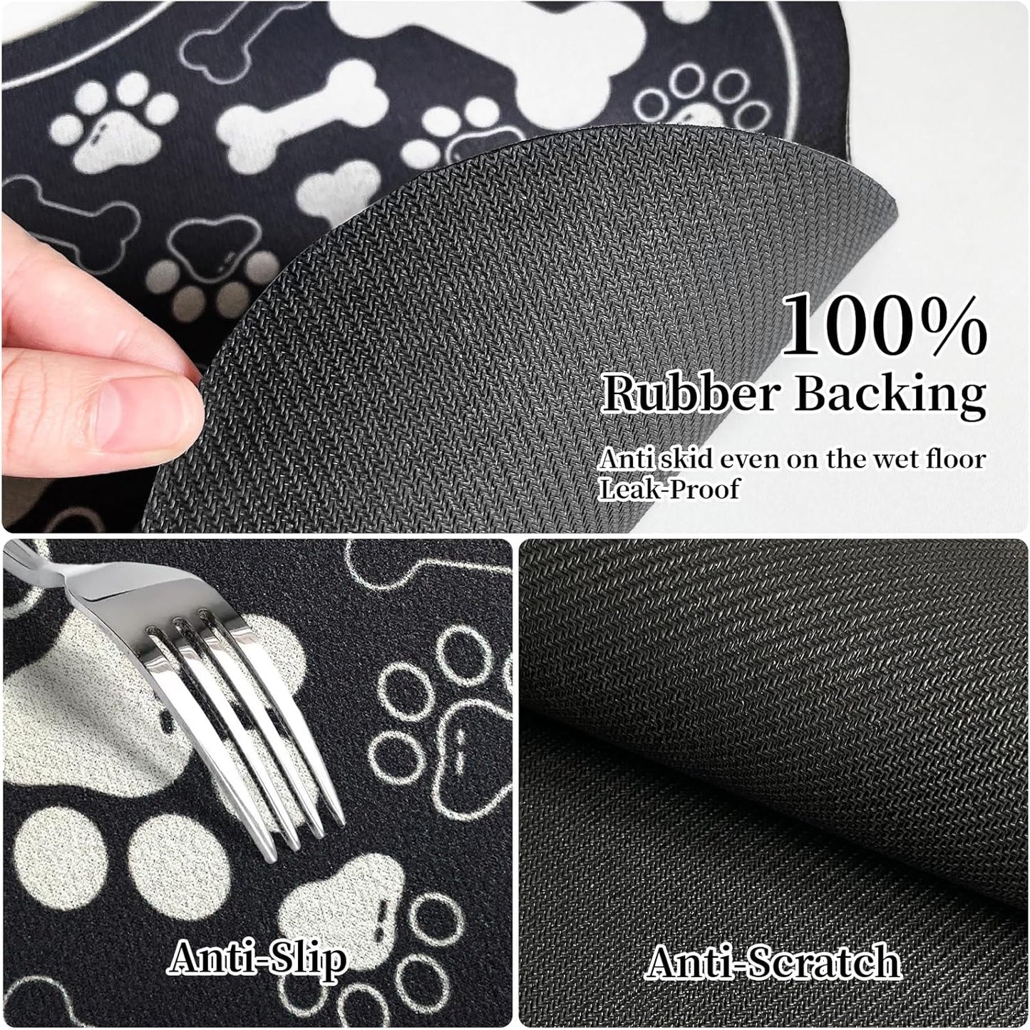 Dog & Cat Food Mat Bone Shaped Pet Feeding Mat Quick Absorb Water Bowl Placemat with Rubber Backing Indoor Floor Stain Resistant Pet Accessory Supplies (Black, 17x29 Inches)