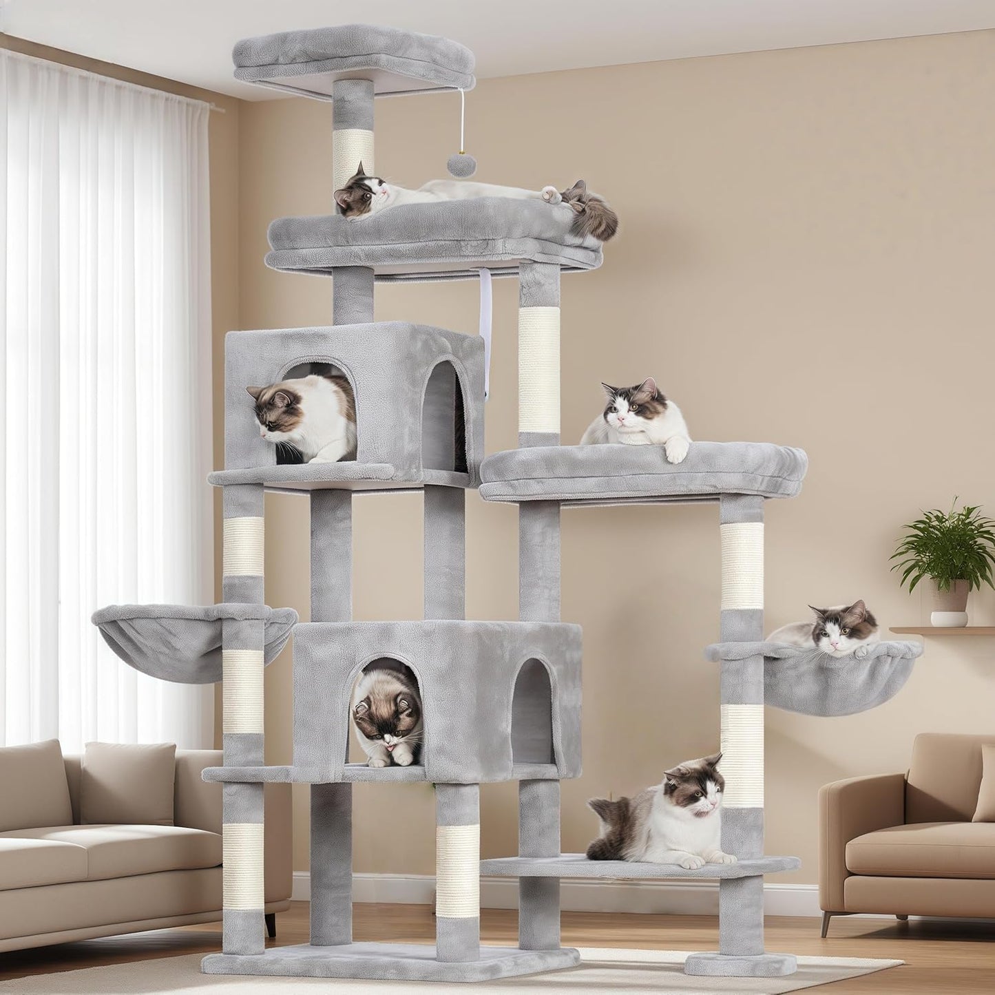 Hey-brother Cat Tree Tower, Scratching Posts with a Extended Part, Wide Platforms, Cozy Condos, Hammocks, Sisal Columns and Ball for Indoor Cats, 70.1 Inches, Light Gray MPJ038W
