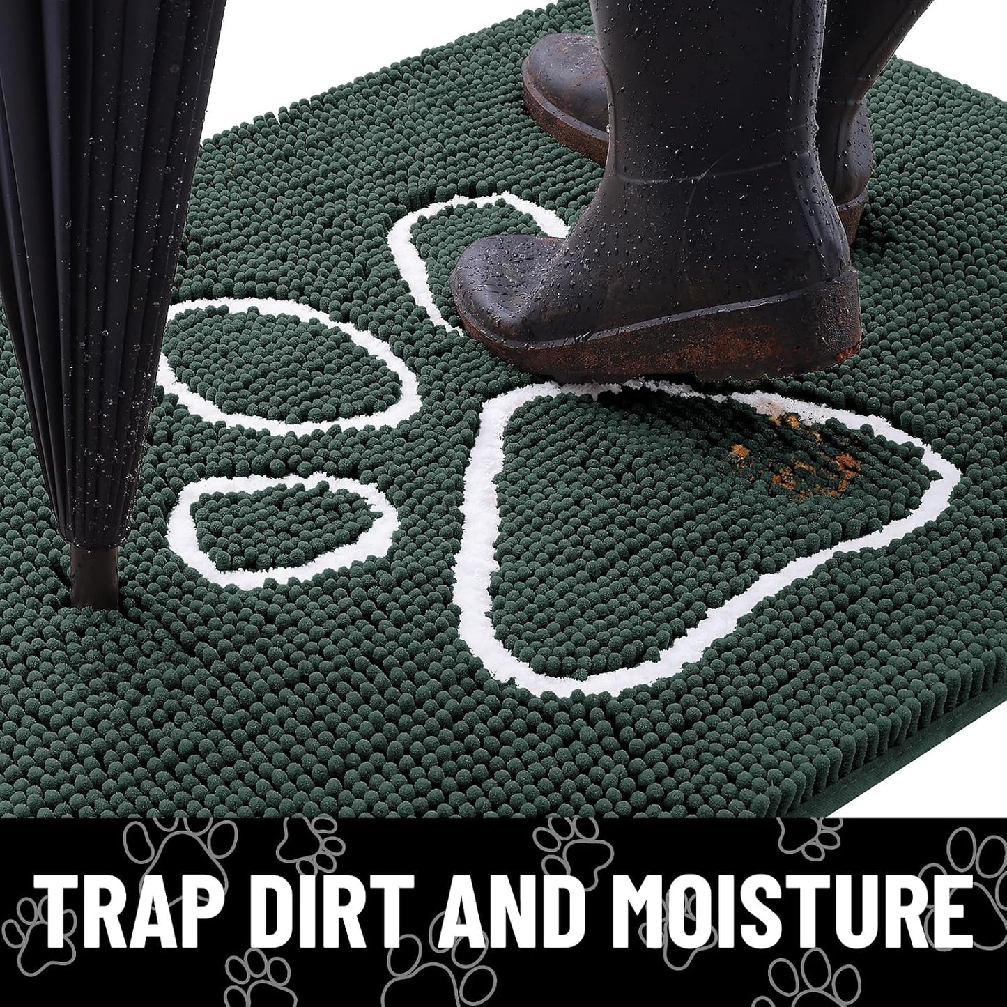 Smiry Dog Door Mat for Muddy Paws, Absorbent Dirt Trapper Non Slip Quick Dry Washable Chenille Mat for Mud Dogs, Entry Rug for Indoor and Outdoor (36x24 Inches, Green)