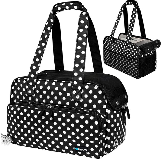 PetAmi Small Dog Purse Carrier, Soft-Sided Pet Carrier Bag with Pockets, Portable Puppy Cat Travel Handbag Tote, Airline Approved Breathable Mesh, Poop Bag Dispenser, Max 18 lbs, Polka Dot Black