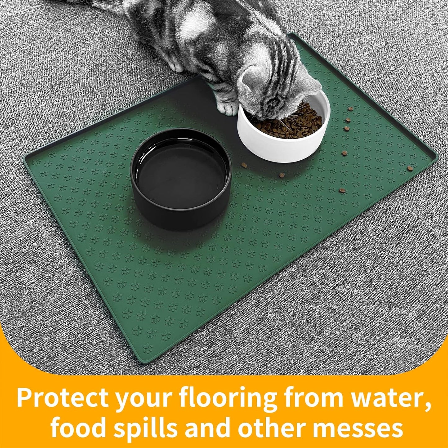 Ptlom Pet Placemat for Dog and Cat, Waterproof Silicone Pet Feeding Bowl Mats for Food and Water, Small Medium Large Dogs Mat Prevent Residues from Spilling to Floor, Hunter Green, 24.5" 16.5"