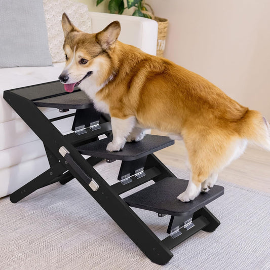 Dog Steps for Bed & Couch 2-in-1 Dog Stairs/Ramp - Height Adjustable Dog Ramp for Couch 7” - 20” - Pet Stairs, Dog Stairs for Small Dogs - Easy to Move Pet Steps with Landing Platform, Black