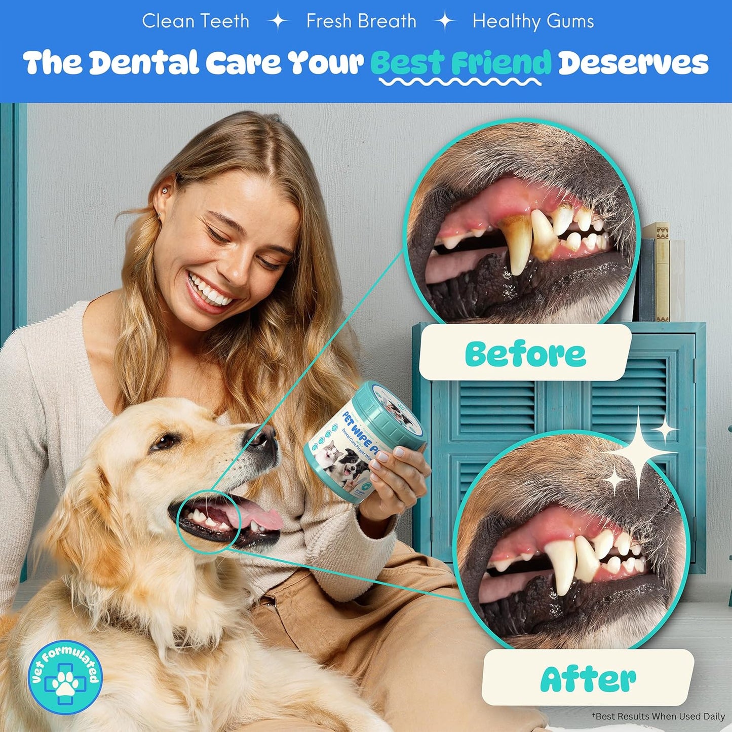 All-in-1 Dog Teeth Cleaning Wipes | Enzymatic Whitening + Micro Scrubbing Beads | No Mess, Pet Dental Wipes & Finger Tooth Brushing Kit | Plant-Based Dental Care for Cats & Dogs (60 Count)