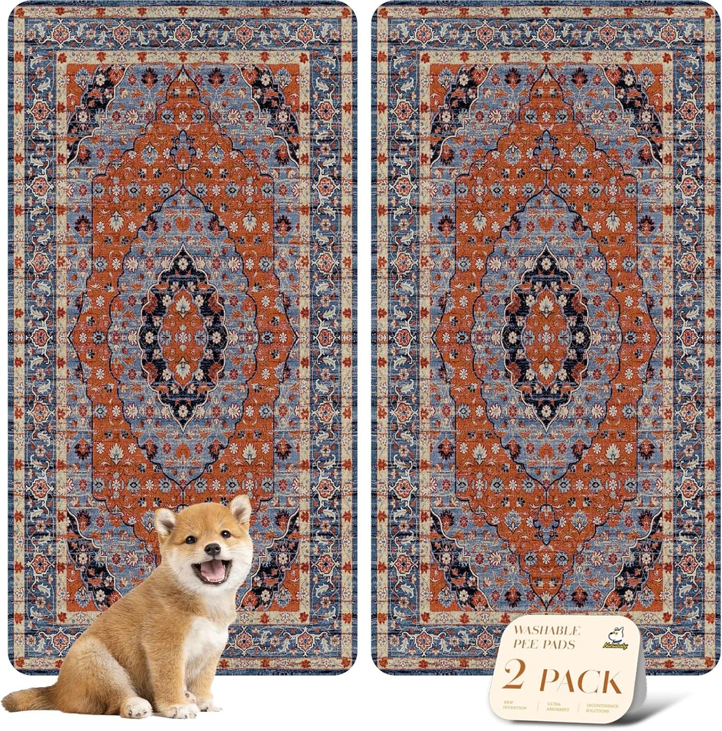 nunubaby Washable Pee Pads for Dogs, Stylish, Non-Slip and Leak-Proof Pee Pads. Reusable Potty Pads for Dogs for Crates and Floors.(Red/Floral, 24" x48")