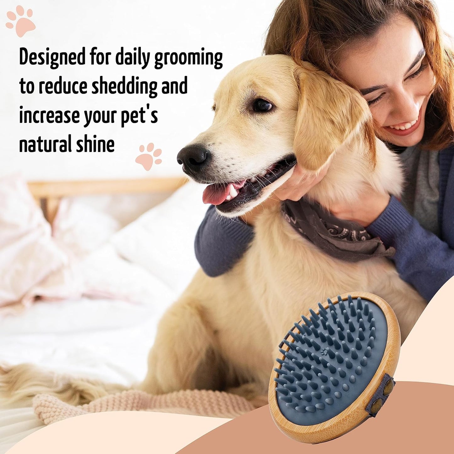 The Buddy System Rubber Pet Close Brush, Soft Touch Oval Palm Brush - Bamboo Massage Handheld with Rubber Bristles and Elastic Band for Dogs and Cats - Gray
