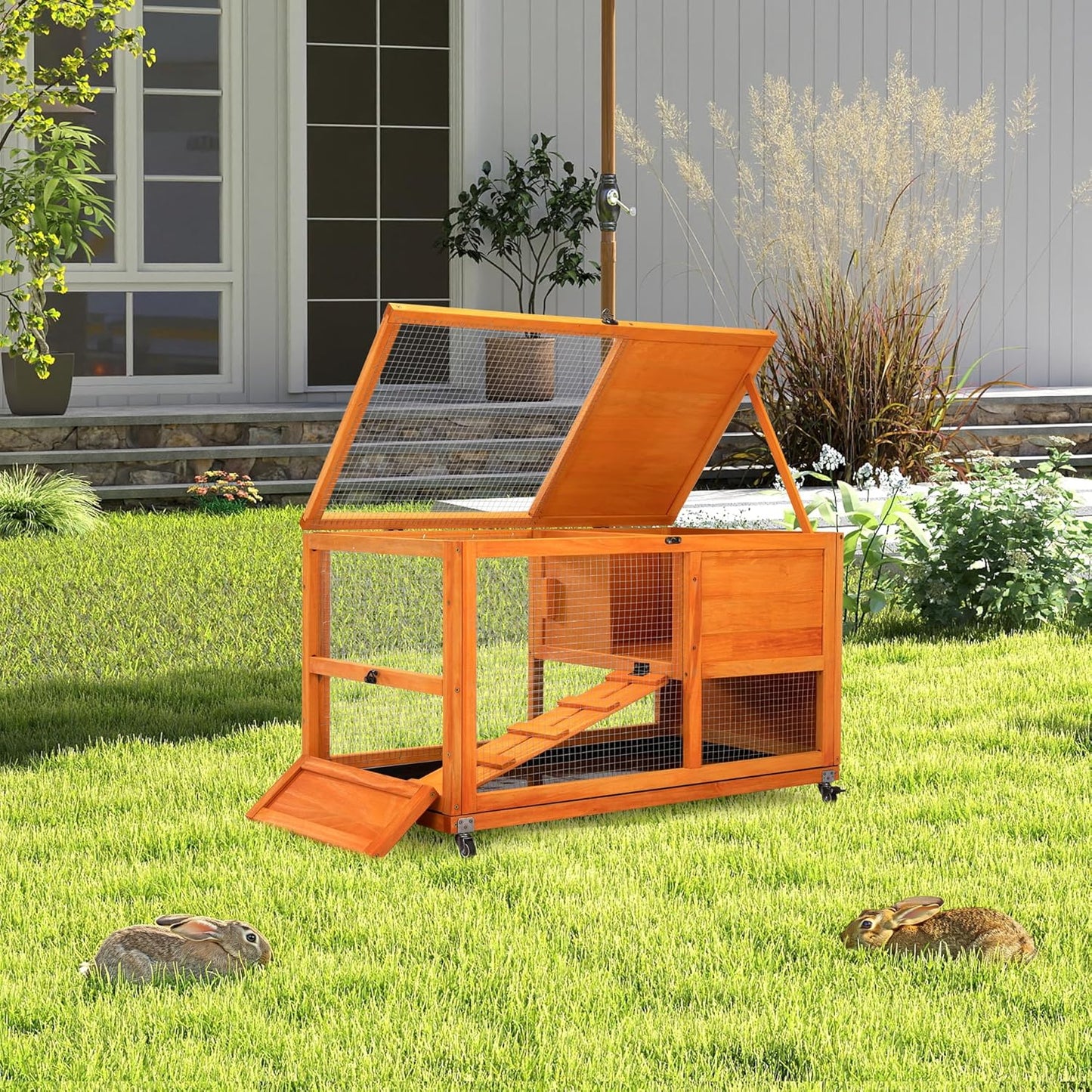 COZIWOW Fashionable Wood 36Inches Rabbit Hutch Indoor with Wheels Bunny Cage Outdoor Fashion Rabbit Cage with Clean Tray, Openable Roof, Anti-Slip Ramp for Small Bunny Rabbit (Orange)