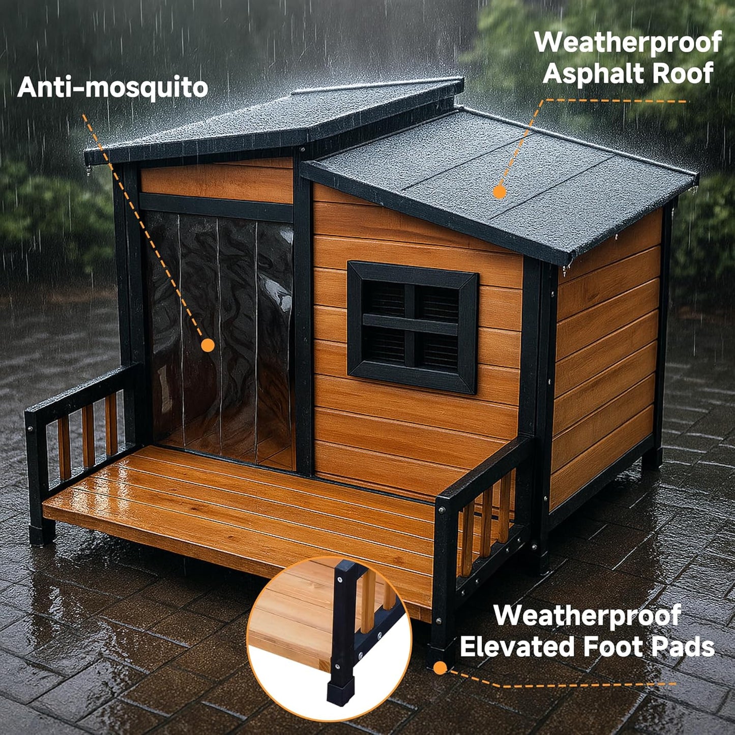 GARWOOD Large Outdoor Indoor Wooden Dog House for Small Large Dog Kennel Wood Sturdy Pet Puppy Warm Home with Durable Weatherproof Asphalt Roof Insulated Elevated Floor Outside Shelter Brown 39x37x30“