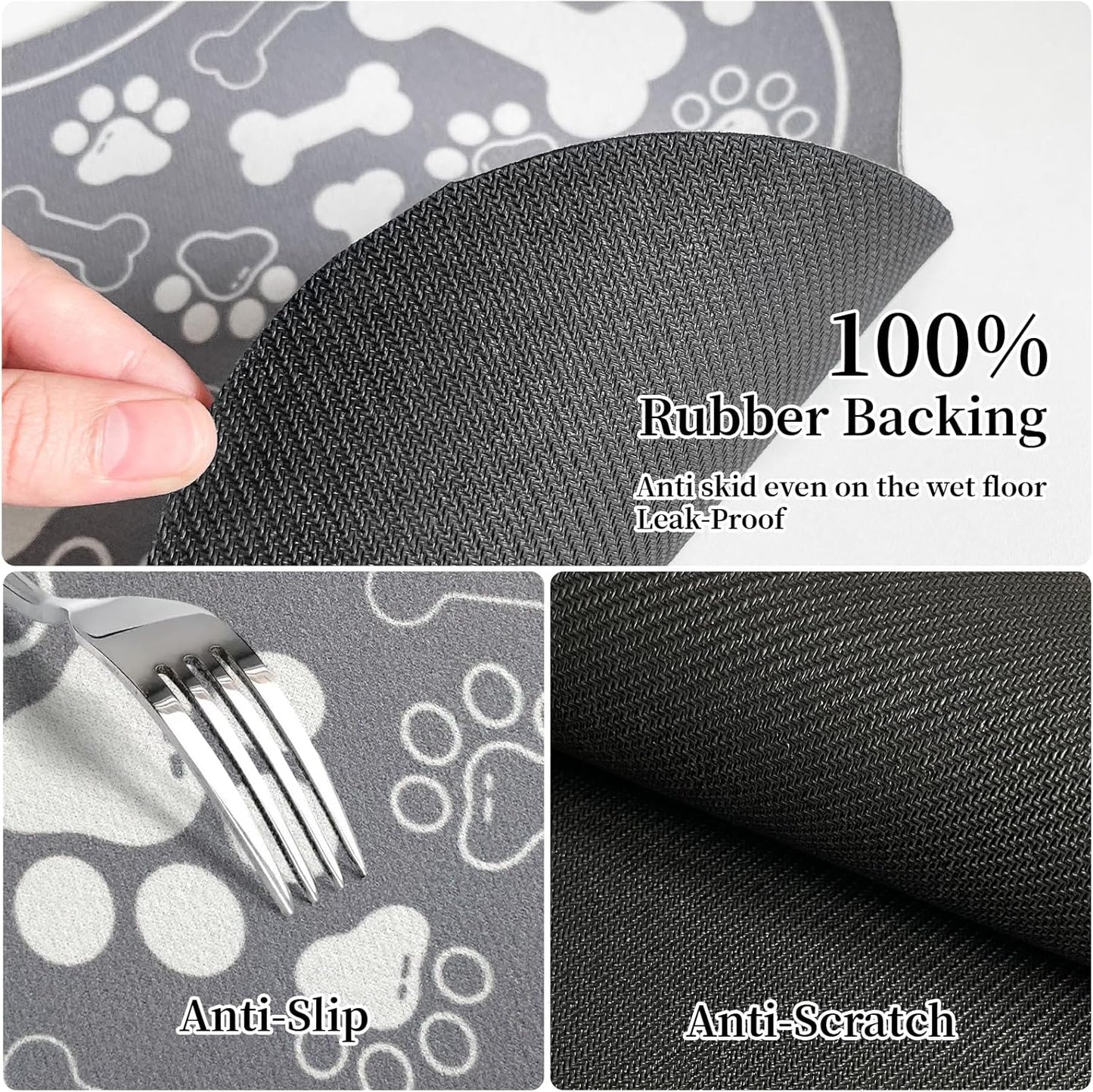 Dog & Cat Food Mat Bone Shaped Pet Feeding Mat Quick Absorb Water Bowl Placemat with Rubber Backing Indoor Floor Stain Resistant Pet Accessory Supplies (Grey, 17x29 Inches)