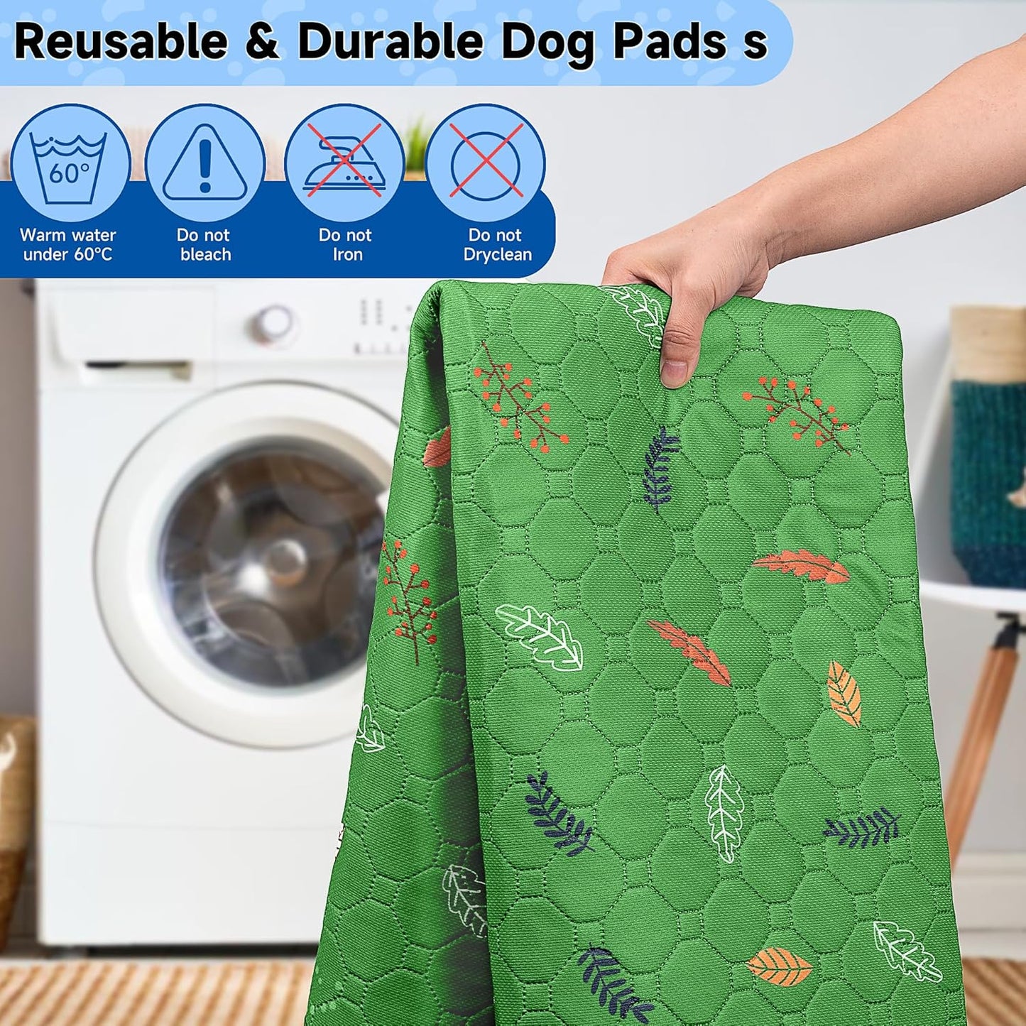 Sunheir Washable Pee Pads for Dogs 2-Pack Reusable Puppy Pads Pet Training Pads, Waterproof Dog Pee Pads for Crate, Whelping Pad, Non-Slip Protects Against Urine Leakage (Leaves - Green, 18x24)