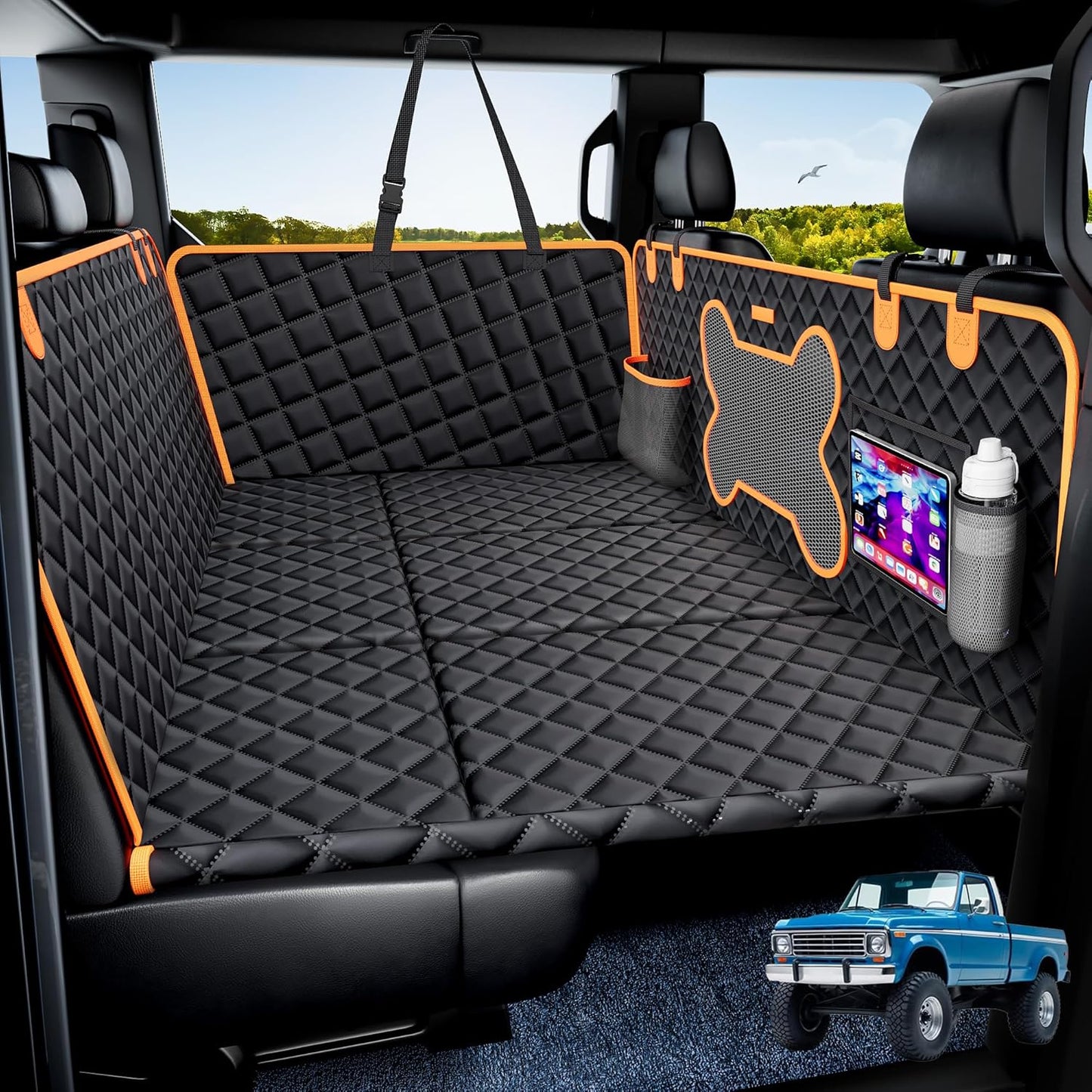 Dog Back Seat Extender for Truck, Hard Bottom Dog Car Seat Cover-Strong Support Waterproof Scratch-Proof Pet Hammock for Full Size F150/RAM1500/Silverado Crew Cab Pickup, Black with Orange