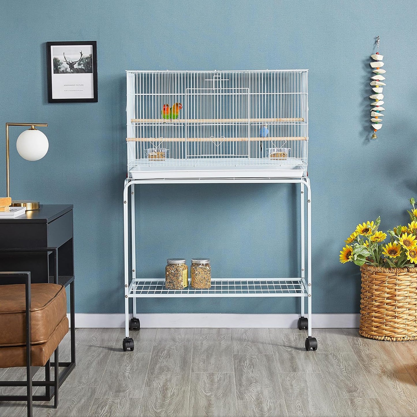 Yaheetech 47-inch Flight Bird Cages for Parakeets Cockatiels Conures Budgies Finches Lovebirds Canaries Parrots Breeding Birdcage with Detachable Rolling Stand, White